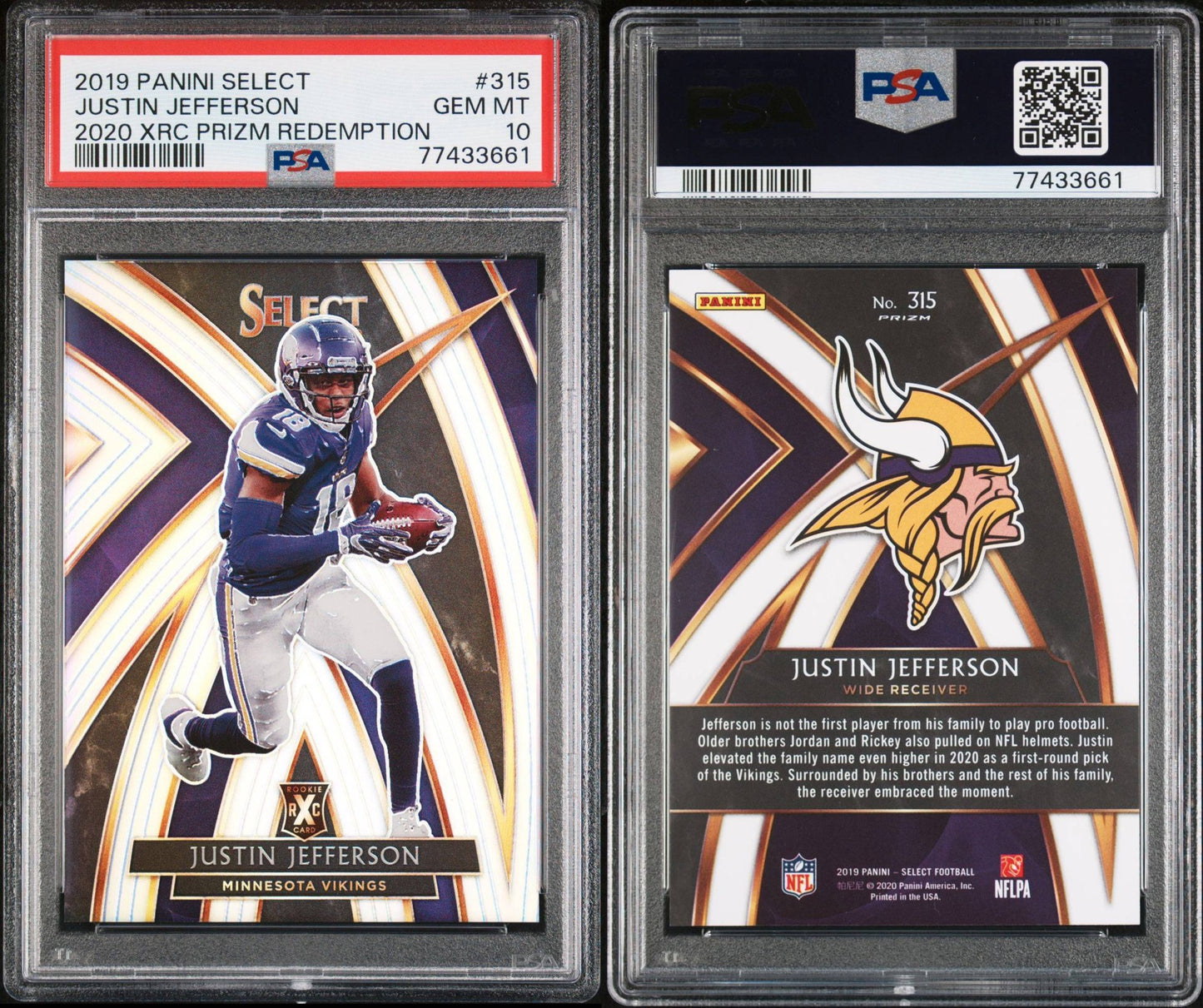 2019 PANINI SELECT 2020 XRC PRIZM REDEMPTION 315 JUSTIN JEFFERSON PSA10