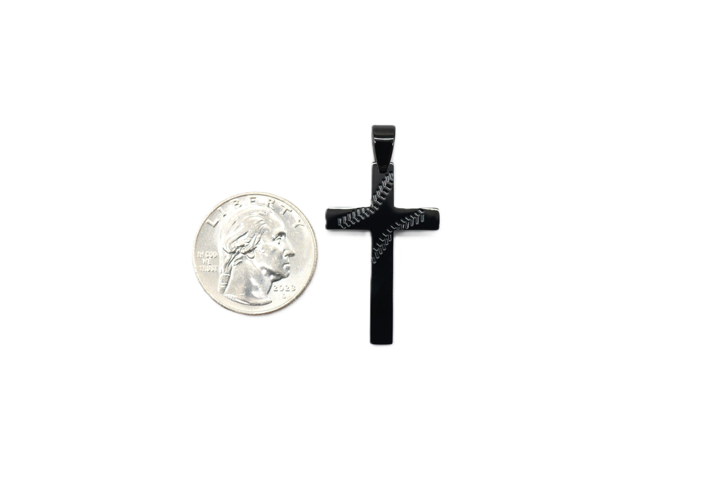 Engraved Baseball Cross Pendant - Black